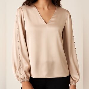 Banana Republic Satin V-Neck Blouse Medium Beige Champagne Long Sleeve